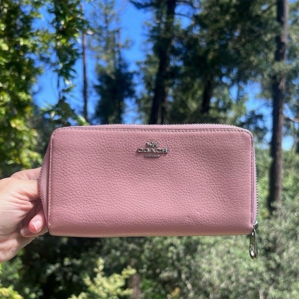 COACH Long Zip-Around PINK Pebble Leather Wallet with Silver Hardware AUTHENTIC